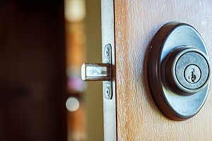 Deadbolt on wooden door