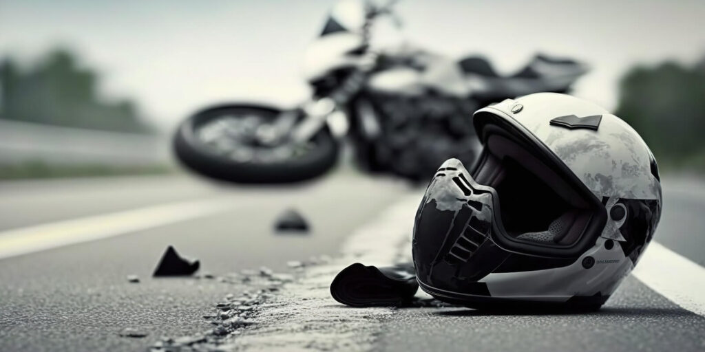 motorcycle crash road accident with broken motorbike and helmet