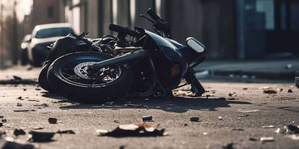 fragments of a broken motorcycle on the pavement in CA