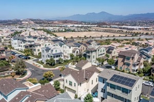 aerial view of a modern California suburban neighborhood