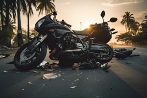 Los Angeles motorcycle crash on the road in the city with sunset background
